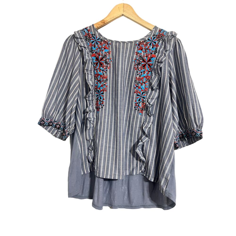 One September Embroidered Blue Ruffle Front Blouse L
